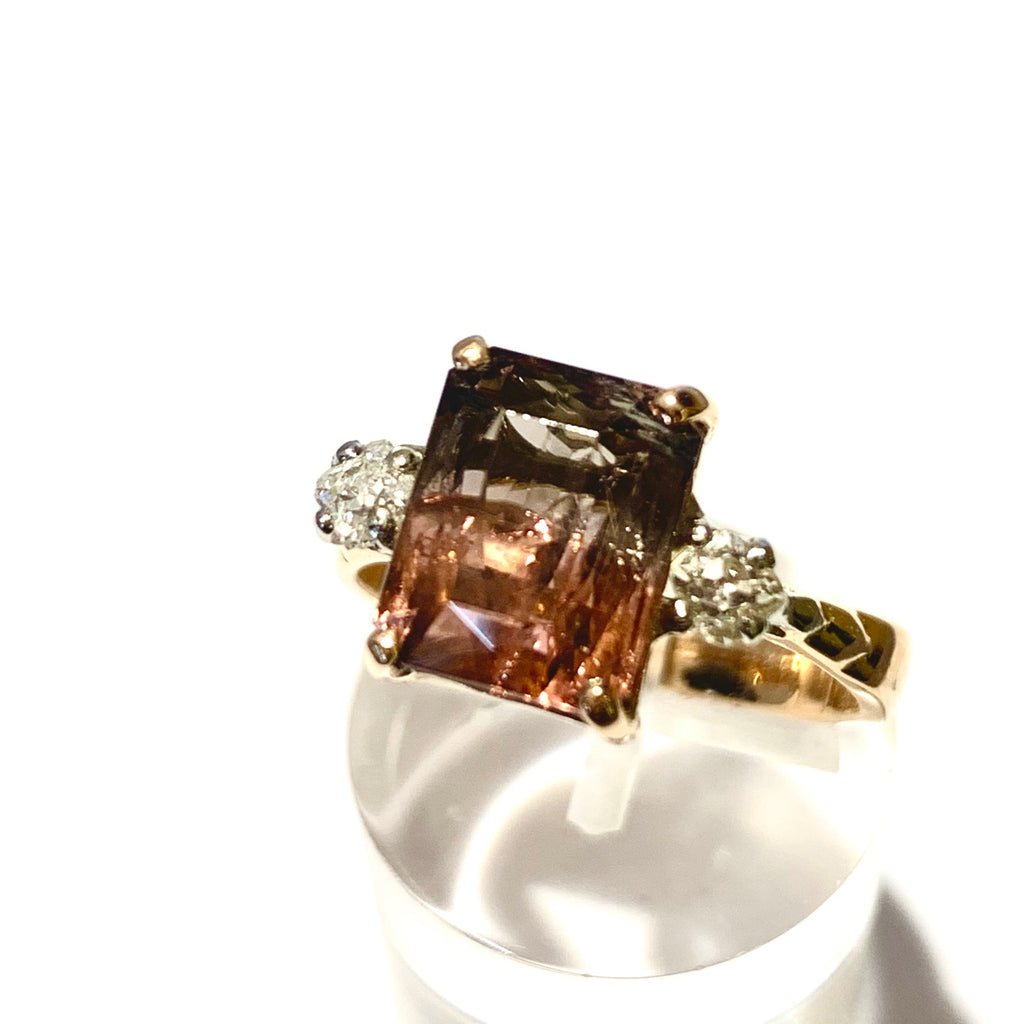 HANDMADE 18CT BI COLOUR TOURMALINE AND DIAMOND THREE STONE RING