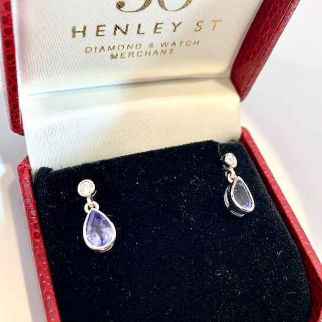 9CT WHITE GOLD PEAR SHAPED TANZANITE AND DIAMOND DROP EARRINGS