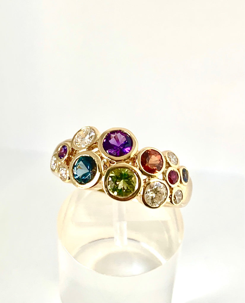 18CT SEMI-PRECIOUS GEMSTONES AND DIAMOND RING