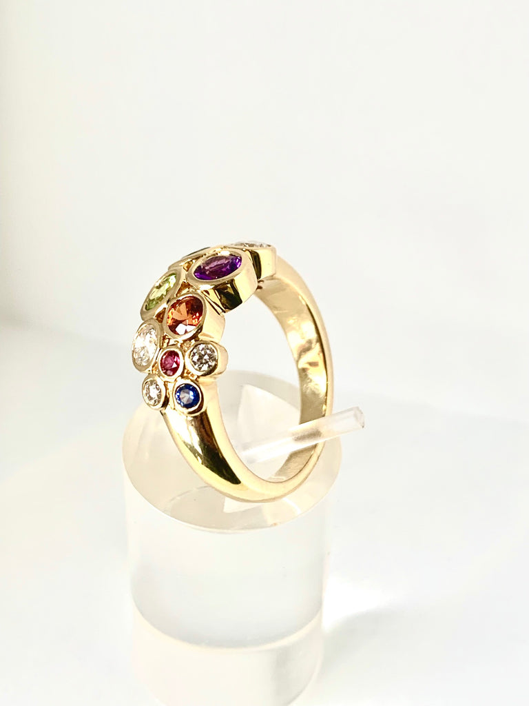 18CT SEMI-PRECIOUS GEMSTONES AND DIAMOND RING