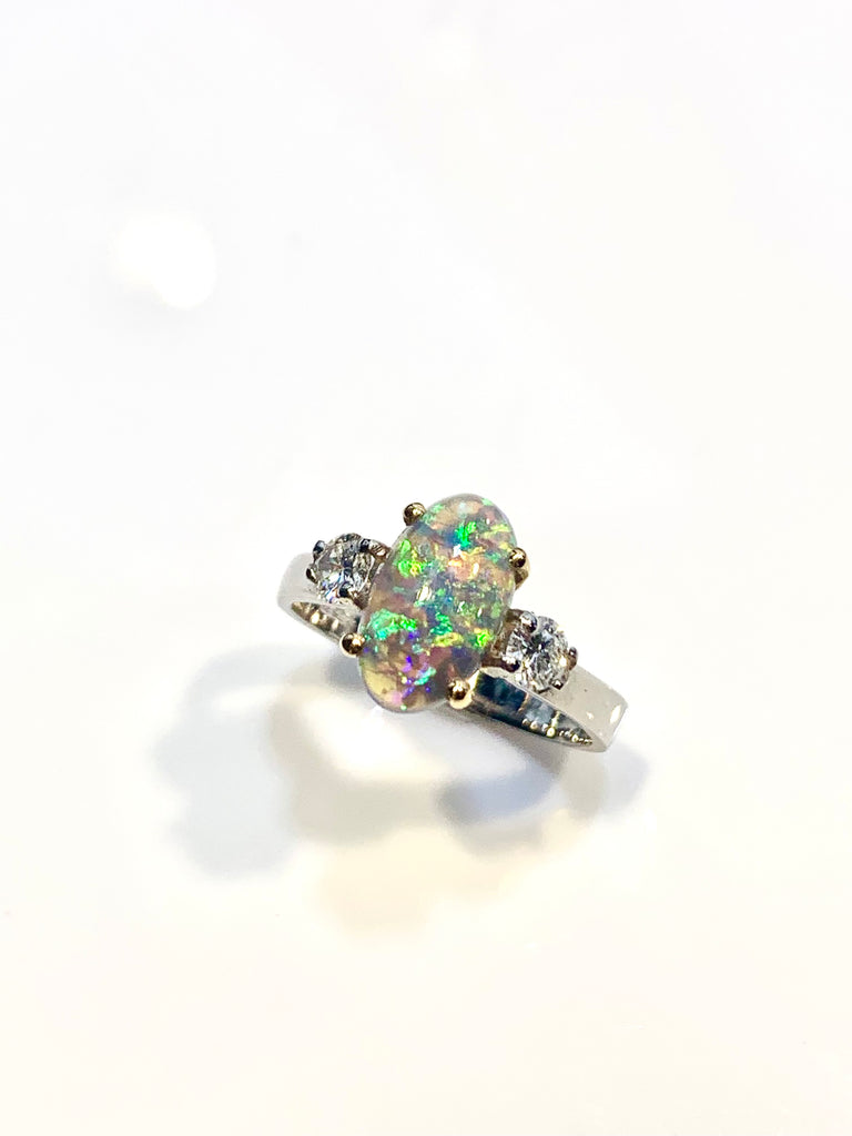 LIGHTNING RIDGE BLACK OPAL AND DIAMOND PLATINUM RING