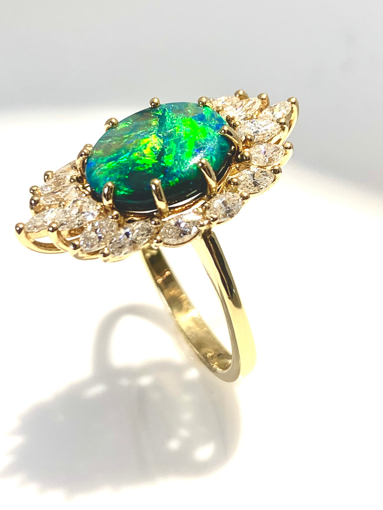 VINTAGE BLACK OPAL AND MARQUISE DIAMOND RING