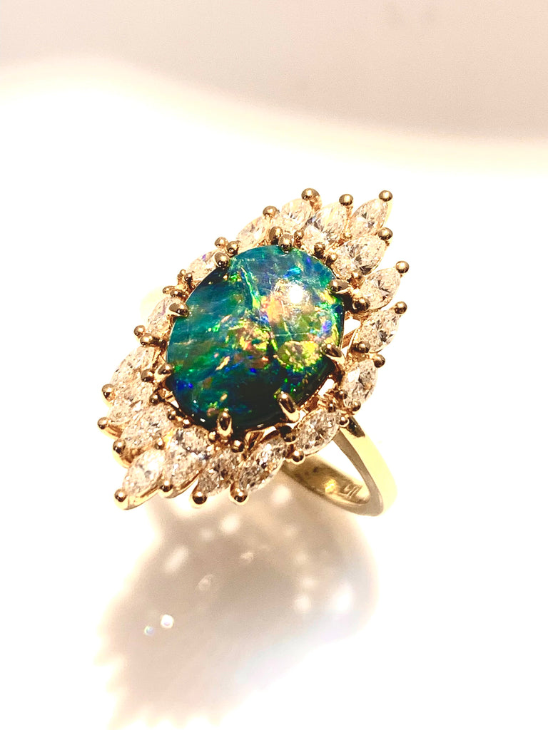 VINTAGE BLACK OPAL AND MARQUISE DIAMOND RING