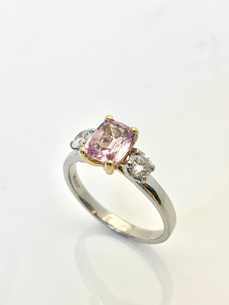 PLATINUM PEACH SAPPHIRE AND DIAMOND RING