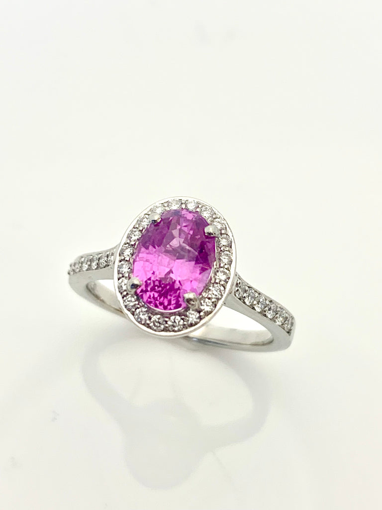 NATURAL PINK SAPPHIRE PLATINUM DIAMOND HALO RING