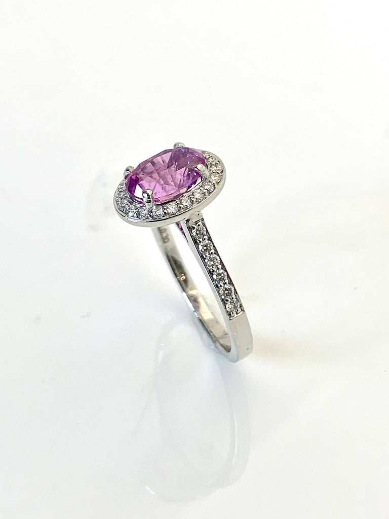 NATURAL PINK SAPPHIRE PLATINUM DIAMOND HALO RING